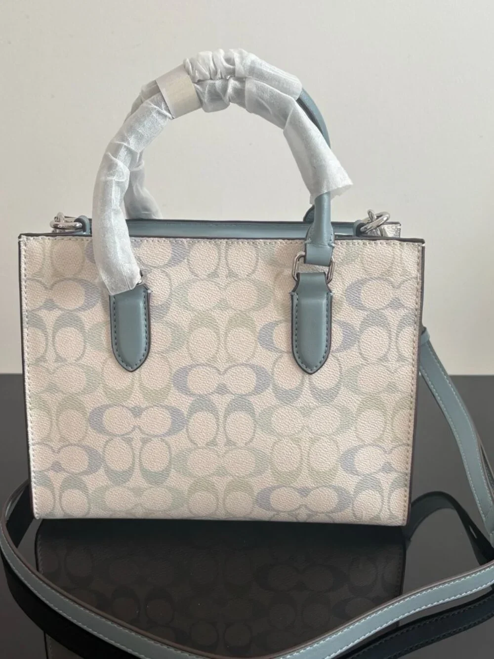 💧Coach White Pastel Logo Mini Tote Bag Light Blue Trim Crossbody